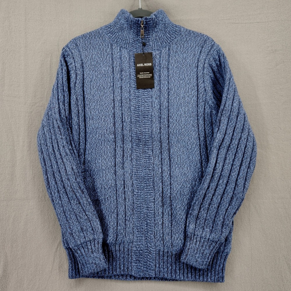 Axel Ross Mens Blue Ribbed Knit Sherpa Lined Full Zip Cardigan Sweater Jacket M